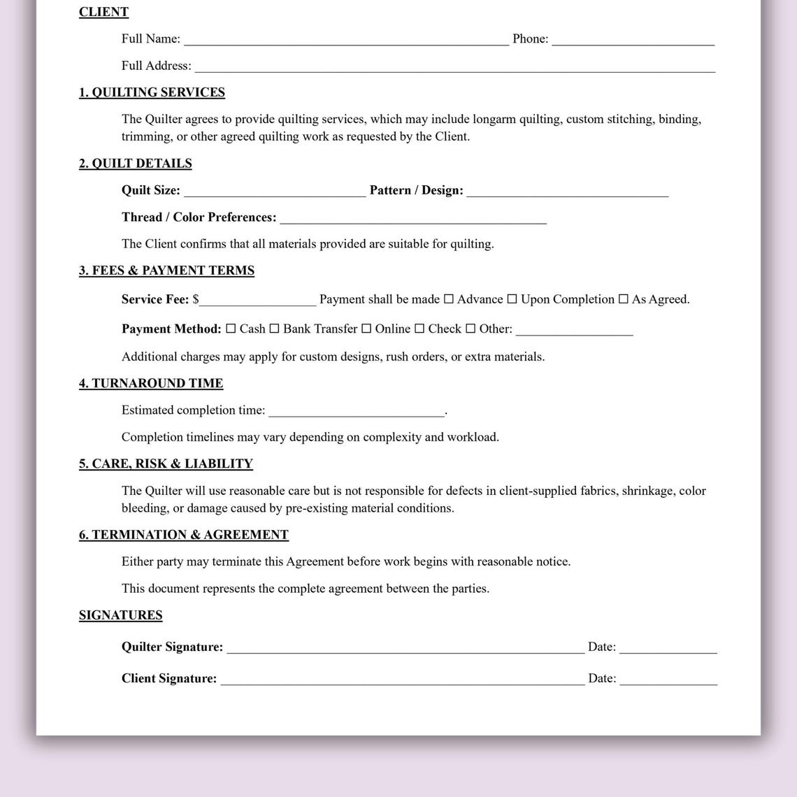 Quilt Process Forms Editable Quilting Service Contract, Quilting Agreement Template, Custom ...