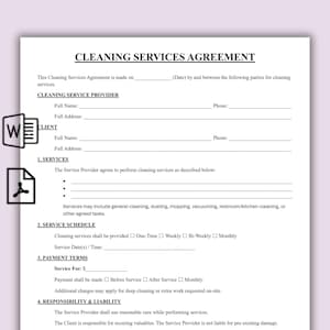 Può includere: Un contratto di servizi di pulizia con sezioni per il fornitore e il cliente, che dettagliano i servizi, il programma, i termini di pagamento e la responsabilità. Un'icona del documento di Word è visibile in alto a sinistra.