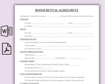 Plantilla de contrato de alquiler de habitación, contrato de arrendamiento de habitación simple, formularios de alquiler para arrendador e inquilino, contrato de compañero de piso imprimible en PDF, descarga instantánea