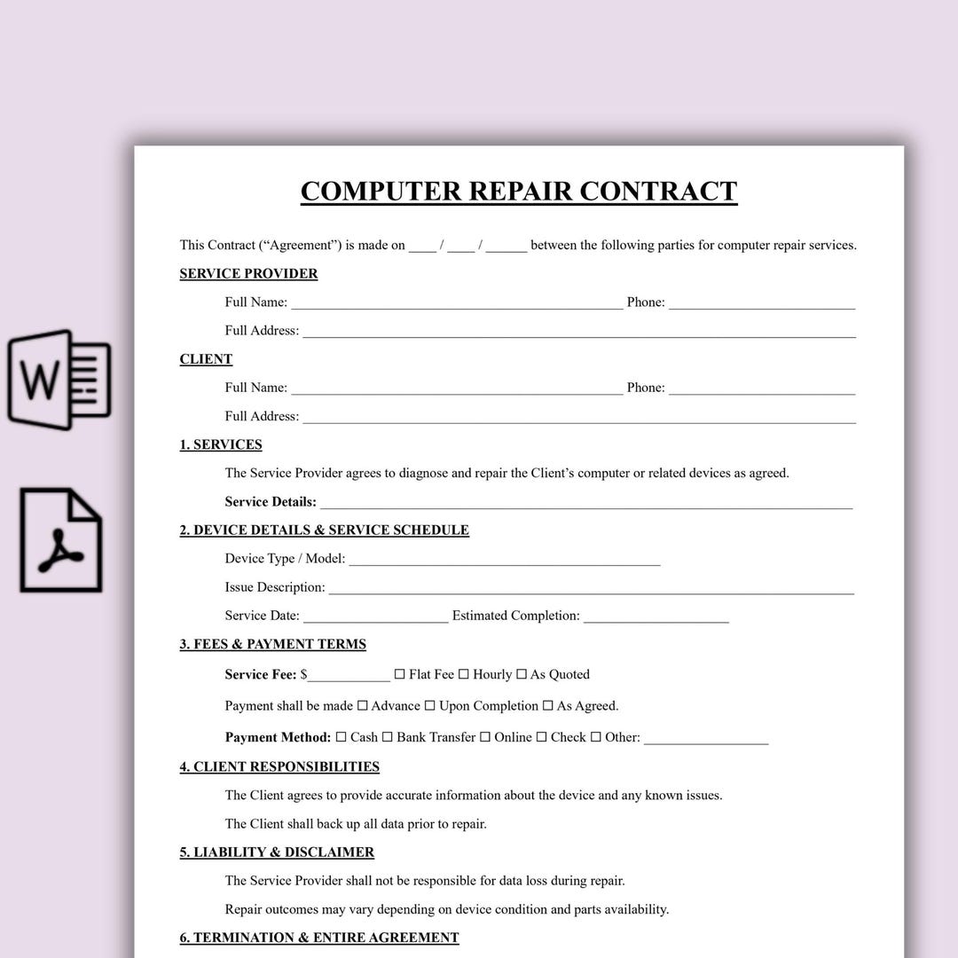 Computer Repair Contract Template, Simple Computer Repair Service ...