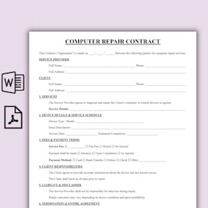 Pode incluir: Um modelo de contrato de reparo de computador com campos para informações do provedor de serviços e do cliente. Inclui seções para serviços, detalhes do dispositivo, taxas, responsabilidades do cliente, responsabilidade e rescisão. O documento é branco com texto preto.