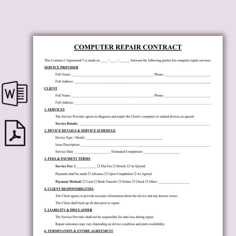 Computer Repair Contract Template, Simple Computer Repair Service ...