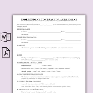 Könnte beinhalten: Ein weißes Dokument, eine Vereinbarung für unabhängige Auftragnehmer mit schwarzem Text. Das Dokument enthält Abschnitte für Informationen zu Unternehmen/Kunden und unabhängigen Auftragnehmern, Dienstleistungen, Laufzeit, Vergütung und Vertraulichkeit. Ein Word-Dokument-Symbol befindet sich oben links.