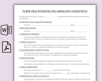 Nurse Practitioner Collaborative Agreement – Printable PDF + Editable Word | One-Page Healthcare Collaboration Contract for NPs & Physicians