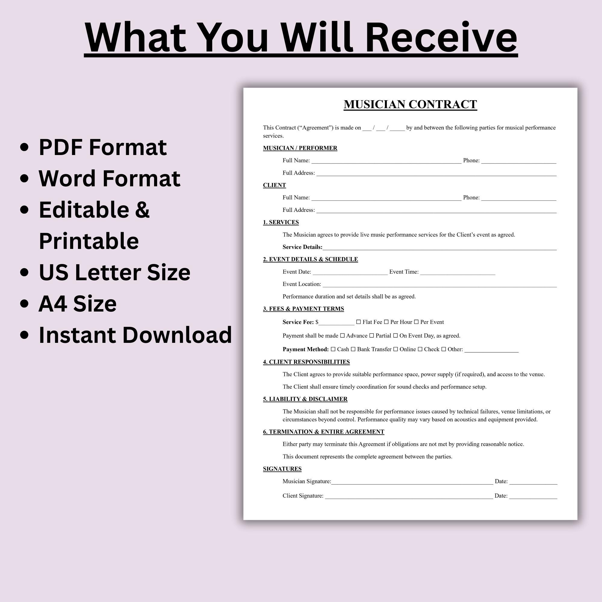 Musician Contract Template, One Page Live Music Performance Agreement ...