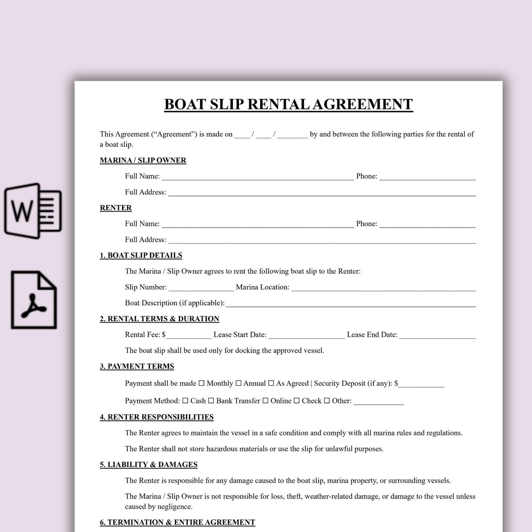 Boat Slip Rental Agreement Template, One Page Marina Dock Lease ...