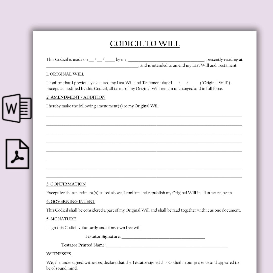 One Page Codicil to Will Template, Editable Will Codicil Form, Word ...