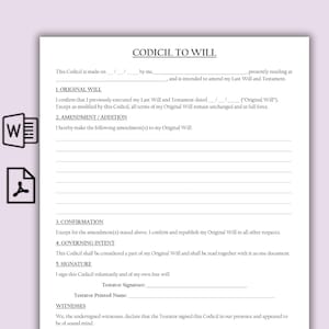 May include: A formal document headed "CODICIL TO WILL", with sections for amendments and signatures. The text includes legal terminology and spaces for dates and names. A Word document icon is visible on the left side of the image.