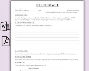 Plantilla de codicilo de testamento de una página, formulario de codicilo de testamento editable (Word y PDF), formulario de testamento imprimible, plantilla de testamento rellenable