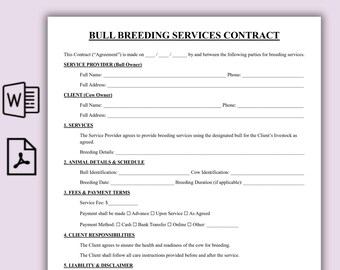 Modello di contratto per servizi di monta di tori, Contratto semplice per servizi di monta di tori, Accordo di allevamento di bestiame di una pagina, Liberatoria di riproduzione stampabile