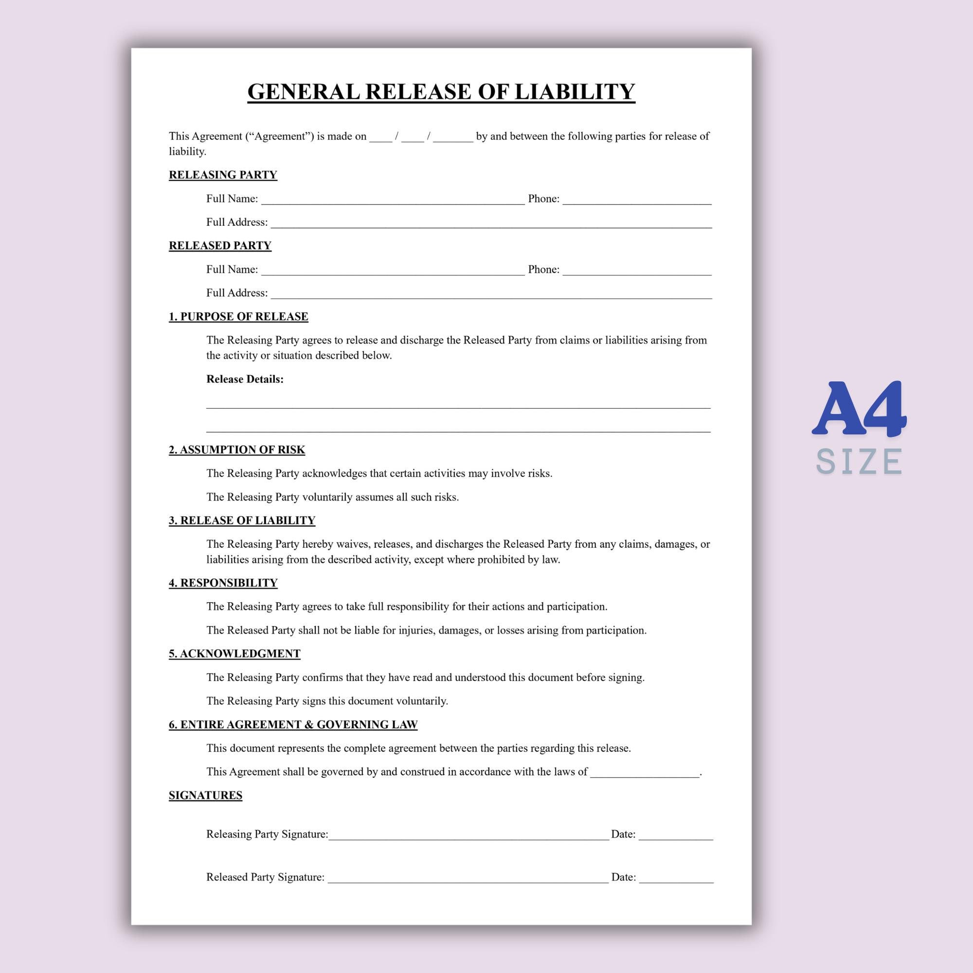 Editable General Release of Liability Template, One Page Liability ...