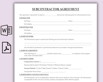 Contrato de subcontratación editable, plantilla de subcontratación de una página (Word y PDF), formulario de contrato de subcontratación imprimible, contratista general