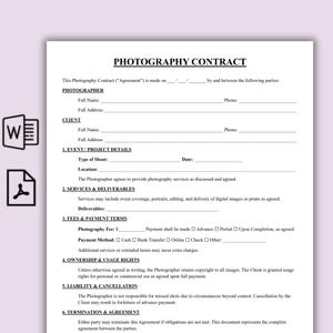 Op de afbeelding: Een fotografiecontract met de titel bovenaan. Het contract bevat secties voor informatie over de fotograaf en de klant, evenementdetails, diensten, vergoedingen, eigendom, aansprakelijkheid en beëindiging. Het document staat op wit papier.