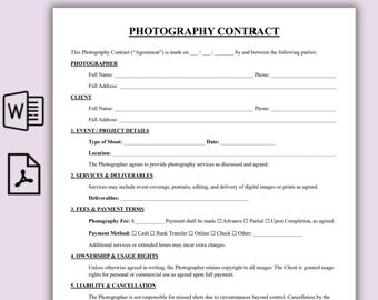 Contrato de fotografía de una página, plantilla de contrato sencillo para fotógrafos de eventos, acuerdo de boda para clientes, formulario imprimible y editable.