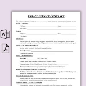 May include: A printed errand service contract template with fields for service provider and client information. The document includes sections for services, schedule, fees, and responsibilities. The contract is on white paper.