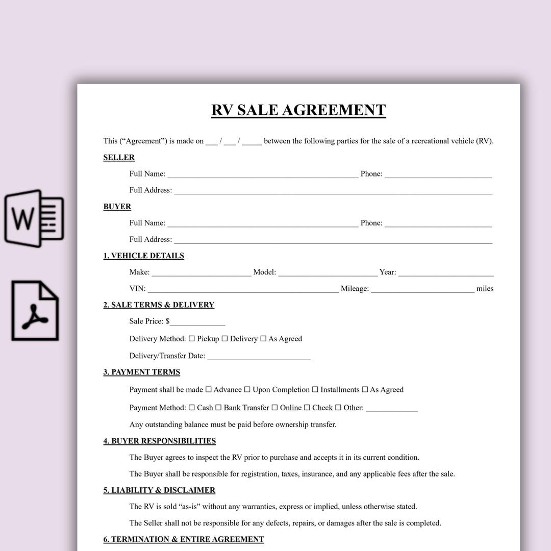 Printable RV Sale Agreement Template, One Page RV Purchase Contract PDF ...