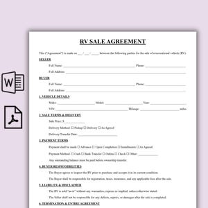 Printable RV Sale Agreement Template, One Page RV Purchase Contract PDF, Simple Motorhome Bill of Sale, Camper Sale Agreement, Trailer Form