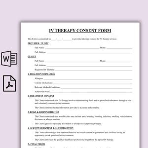 Può includere: Un modulo di consenso per terapia endovenosa bianco con testo nero. Il documento include sezioni per le informazioni sul fornitore/clinica e sul cliente, informazioni sanitarie, consenso al trattamento, rischi e responsabilità.