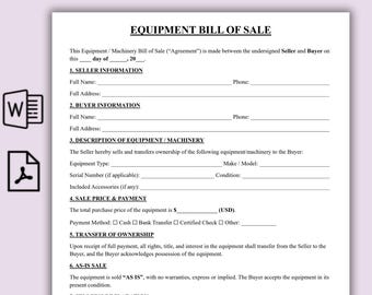 Plantilla de factura de venta de equipo de una página, contrato de venta de maquinaria agrícola, comercial, tractor, formulario de recibo de herramientas, editable e imprimible.