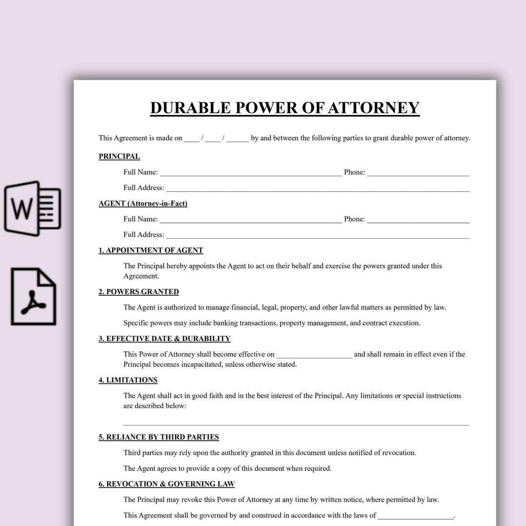 Durable Power of Attorney Template, Printable Durable Power of Attorney ...