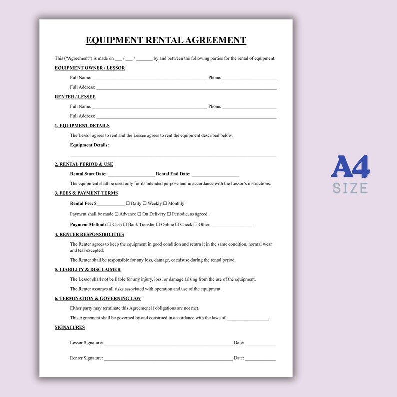 Editable Equipment Rental Agreement Template, Simple Equipment Lease ...