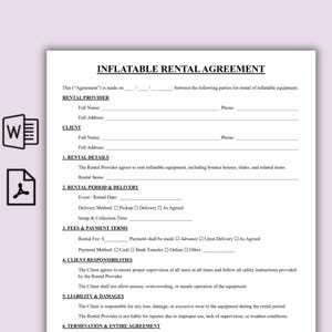May include: An Inflatable Rental Agreement form with the title at the top. The document includes sections for the rental provider, client, rental details, period, delivery, fees, payment terms, client responsibilities, liability, and termination.