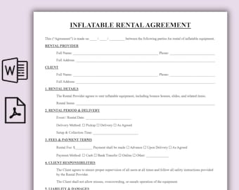 Plantilla de contrato de alquiler de inflables, contrato de una página para castillos hinchables, contrato sencillo de alquiler para fiestas, exención de responsabilidad imprimible para equipos.