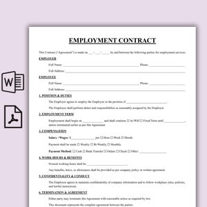 May include: A white Employment Contract document titled "EMPLOYMENT CONTRACT". The document includes sections for Employer, Employee, Position & Duties, Employment Term, Compensation, Work Hours & Benefits, Confidentiality & Conduct, and Termination & Agreement.