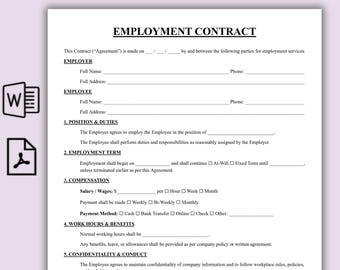 Plantilla de contrato de trabajo, contrato de prestación de servicios de una página, acuerdo de trabajo editable, plantilla de RR. HH. imprimible, formulario para empleador y empleado.