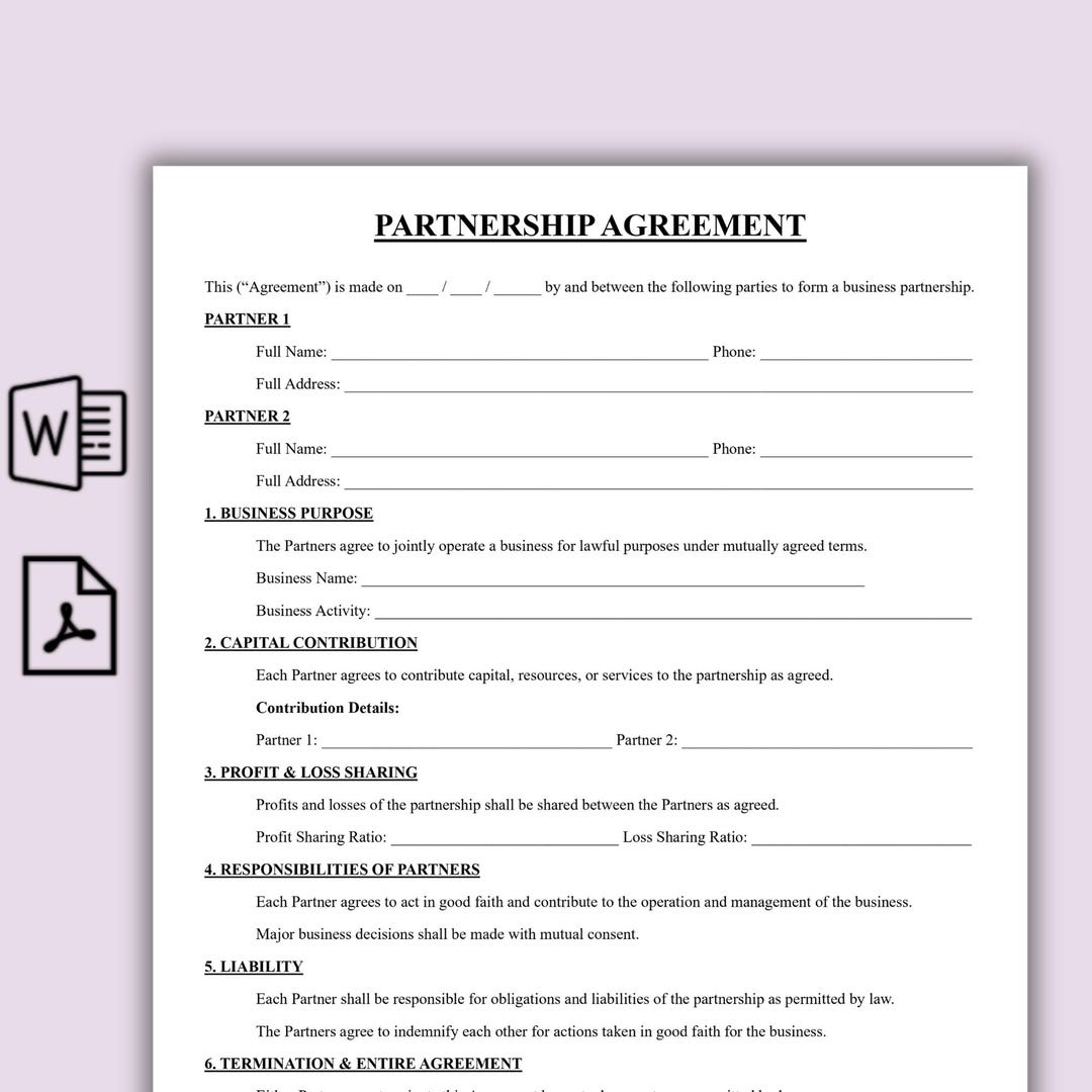 Editable Partnership Agreement Template, One Page 50-50 Business ...