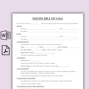 Puede incluir: Documento de compraventa de equinos con campos rellenables para la información del vendedor y del comprador, detalles del equino, precio de venta y condiciones. Incluye secciones para impuestos, tasas y derecho aplicable.