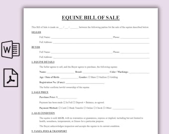 Plantilla de contrato de compraventa de caballos, contrato de compraventa de caballos, formulario legal simple para caballos, acuerdo equino imprimible, descarga instantánea