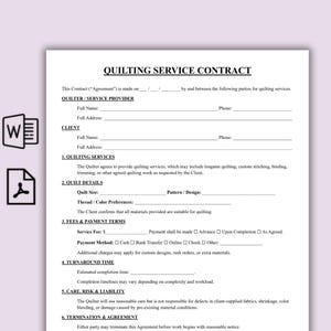 Könnte beinhalten: Ein Quilting-Service-Vertrag mit dem Titel "QUILTING SERVICE CONTRACT". Das Dokument enthält Abschnitte für Quilter/Dienstleister, Kundendaten, Quilting-Dienstleistungen, Quilt-Details, Gebühren, Bearbeitungszeit und Haftung.