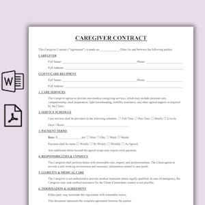 Może przedstawiać: Biały dokument zatytułowany "CAREGIVER CONTRACT" (Umowa Opieki) z sekcjami na informacje o opiekunie i kliencie, usługach opieki, harmonogramie, warunkach płatności, obowiązkach, odpowiedzialności i rozwiązaniu.