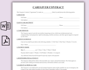 Contrato de cuidador personalizable, plantilla de contrato de niñera de una página, acuerdo de atención domiciliaria de una página, descarga instantánea