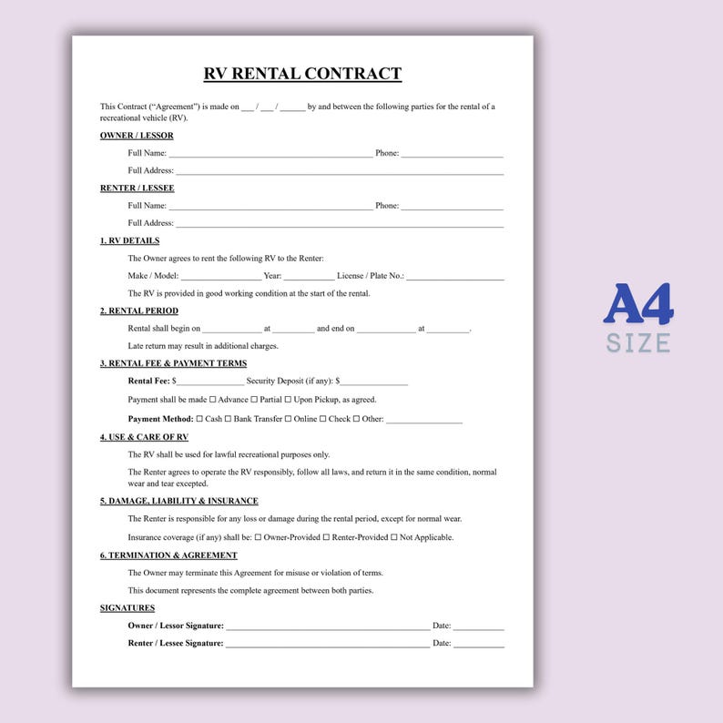 One Page RV Rental Agreement, Simple Motorhome Contract, Printable ...