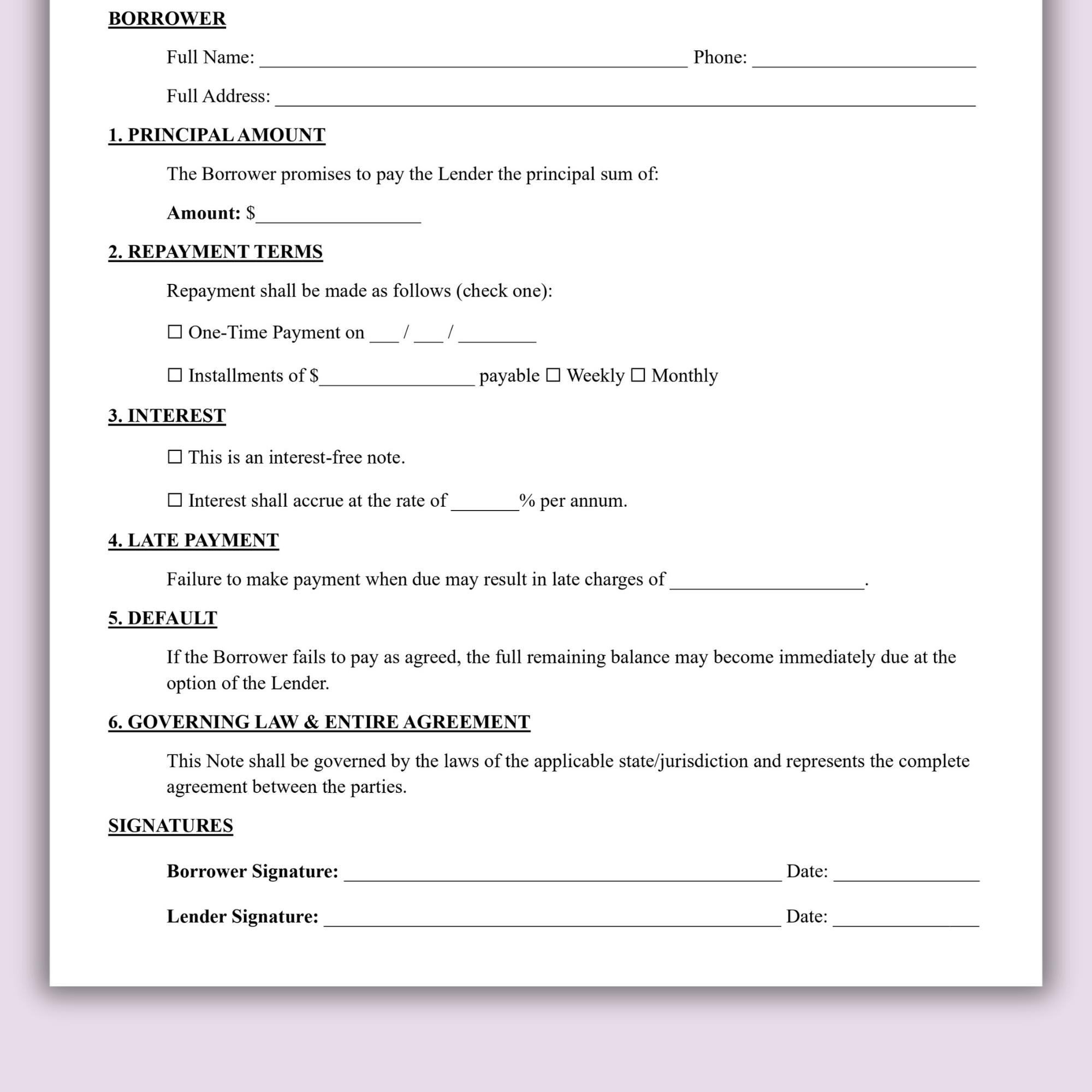 Promissory Note Template, Printable Personal Loan Agreement, Editable ...