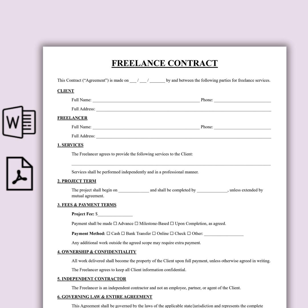 Freelance Contract Template, One Page Freelance Agreement Form