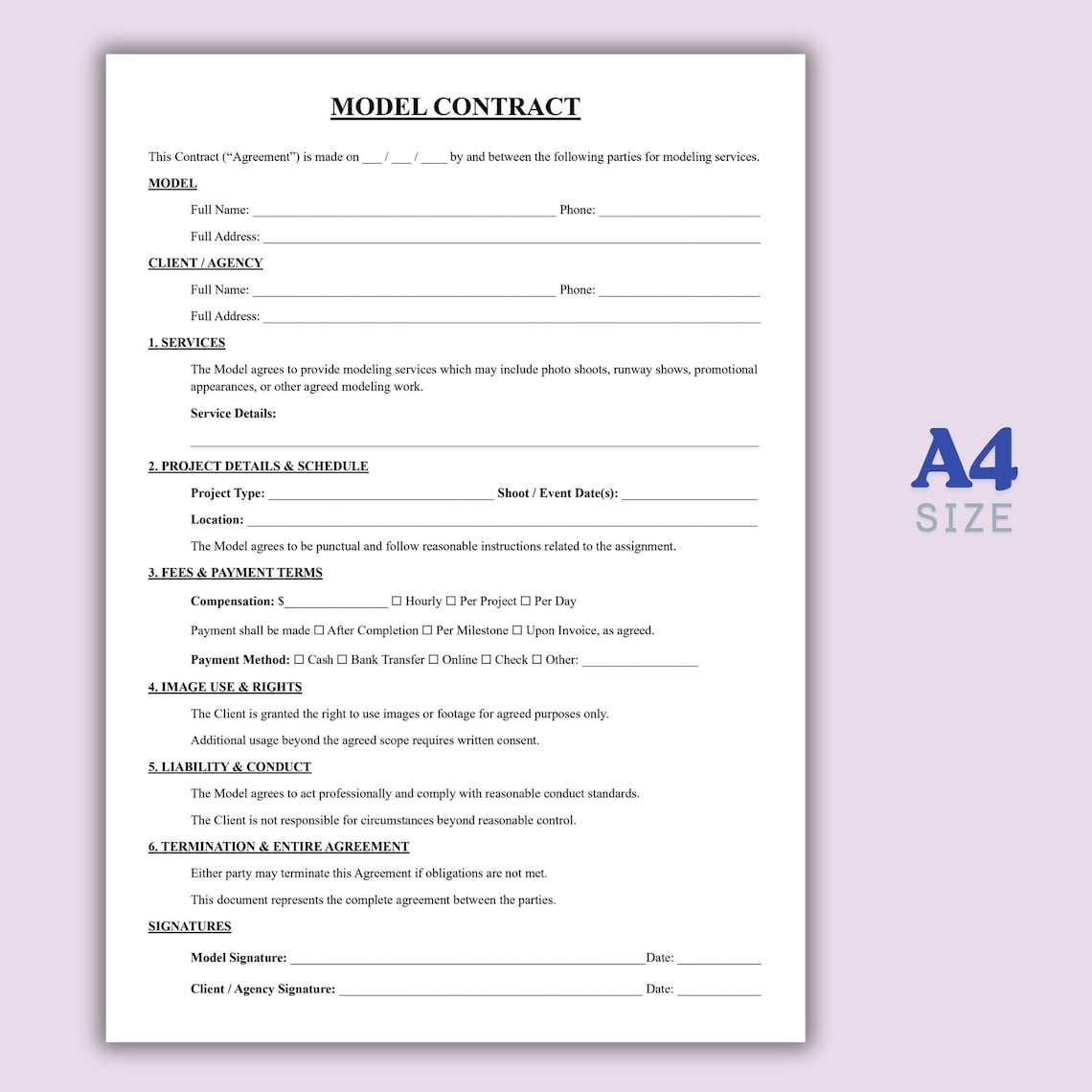 Printable Model Contract Template, One Page Modeling Service Agreement ...