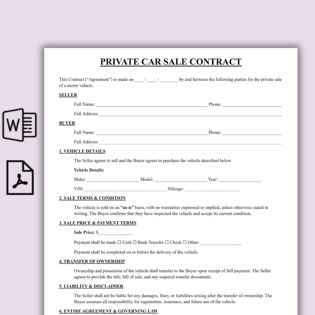 Editable Private Car Sale Contract Template, Simple Vehicle Bill of ...