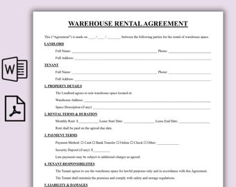 Plantilla sencilla de contrato de alquiler de almacén, contrato de arrendamiento comercial de una página en PDF, formulario imprimible de términos de arrendamiento de almacén comercial