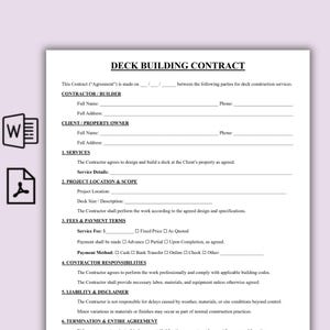 Peut inclure: Un modèle de contrat de construction de terrasse avec des sections pour les informations sur l'entrepreneur et le client, les services, les frais et les responsabilités. Le document comprend des champs pour les détails du projet et les conditions de paiement.