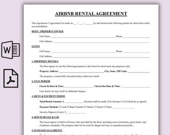 Editable Airbnb Rental Agreement Template, One Page Short-term rental Form, Printable lease Form, Airbnb Guest contract, House Rental