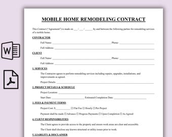 Plantilla imprimible de contrato de remodelación de casas móviles, acuerdo de renovación de casas prefabricadas de una página en PDF, contrato sencillo de mejoras para el hogar