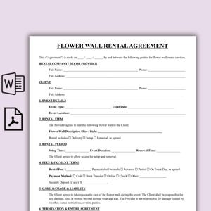 May include: A white document titled "FLOWER WALL RENTAL AGREEMENT" with sections for company, client, event details, rental item, rental period, fees, and liability. Includes checkboxes and lines for filling in information.