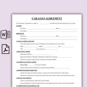 Puede incluir: Un formulario de contrato de préstamo de automóvil con secciones para la información del prestamista y el prestatario, detalles del préstamo, condiciones de pago, intereses y responsabilidades. Incluye campos para la marca, modelo y año del vehículo.