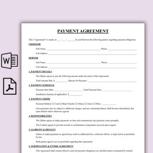 Può includere: Un documento bianco intitolato PAYMENT AGREEMENT con sezioni per le informazioni su creditore e debitore, dettagli di pagamento, programma, termini, responsabilità, inadempienza e risoluzione. Il modulo include righe vuote.