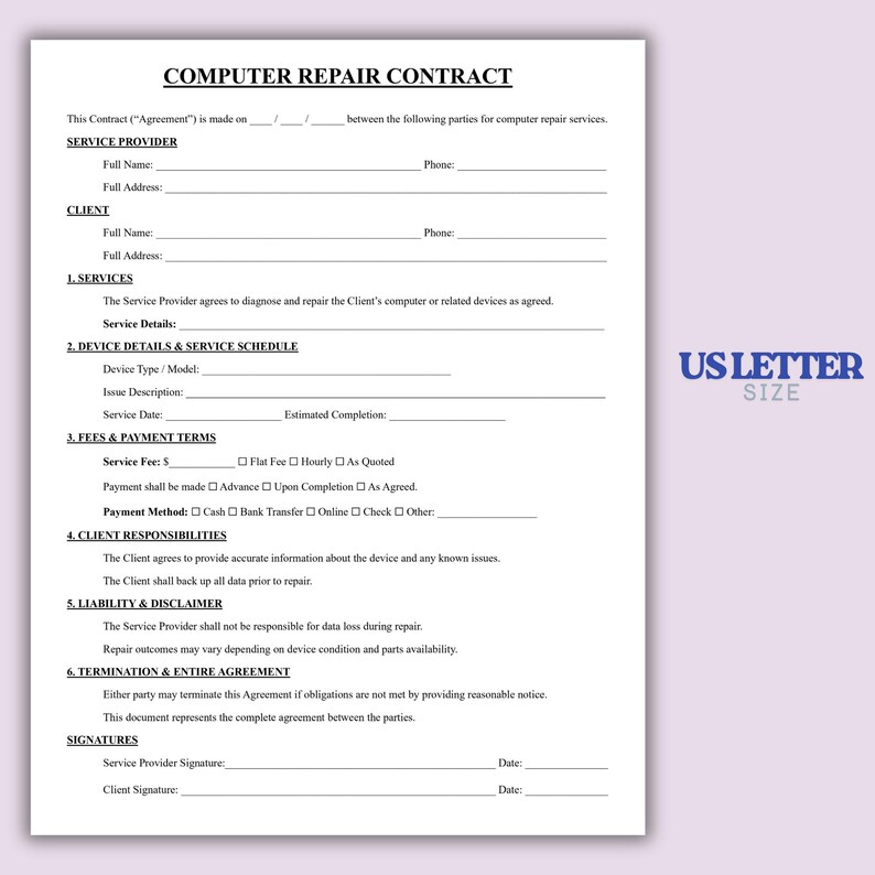 Computer Repair Contract Template, Simple Computer Repair Service ...