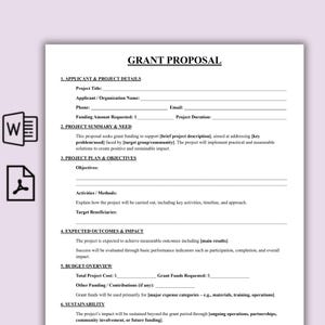 Puede incluir: Un documento blanco titulado "GRANT PROPOSAL" con secciones para los detalles del solicitante, el resumen del proyecto, el plan, los objetivos, los resultados esperados, el presupuesto y la sostenibilidad. El documento incluye campos rellenables.