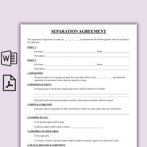 May include: A printed separation agreement form with the title "SEPARATION AGREEMENT" at the top. The document includes sections for party information, separation terms, property division, debts, support, and child-related matters.